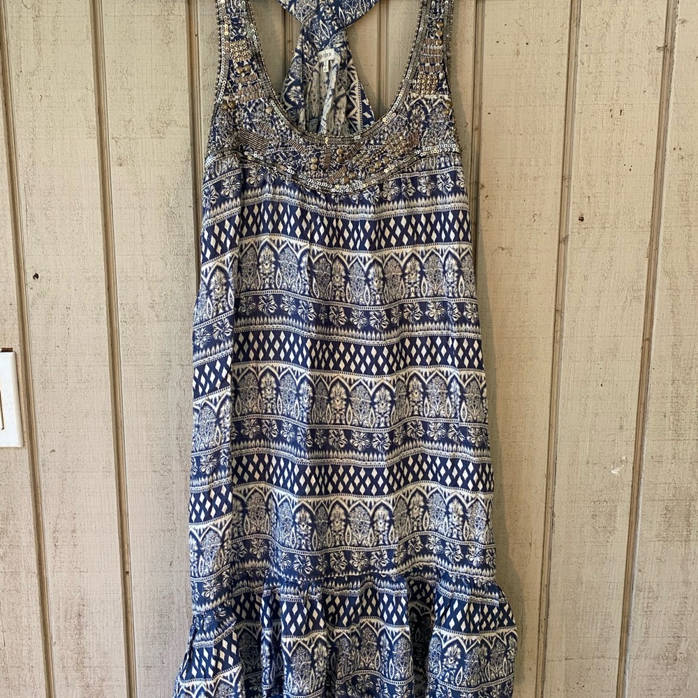 Island Gypsy Blue and White Mini Dress with Gold Detailing